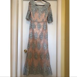 Tahari ASL Sequin Lace Applique Scalloped Gown